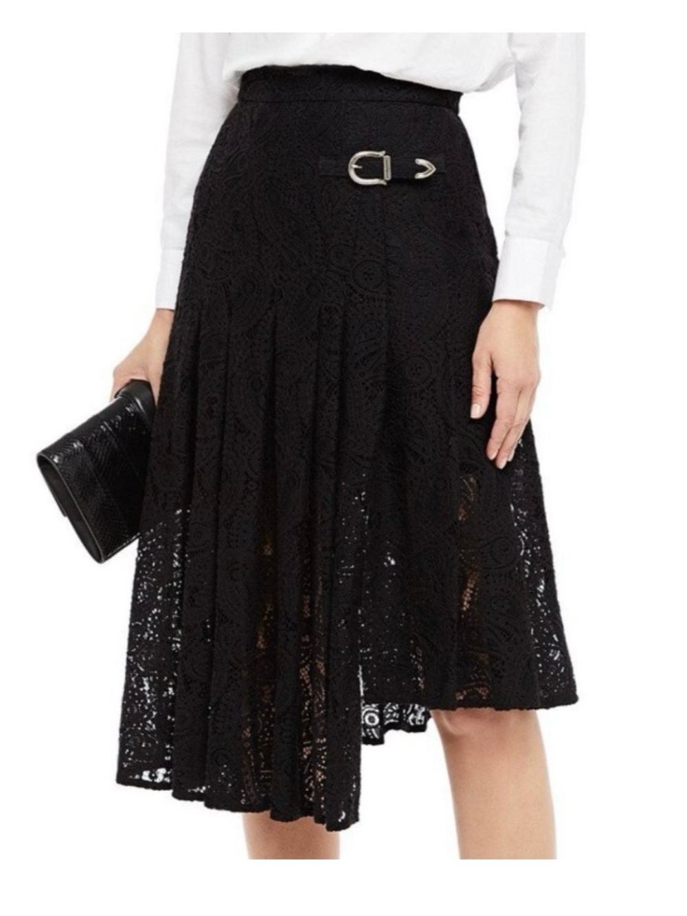 Maje Black Lace Midi Skirt with Buckle Accent